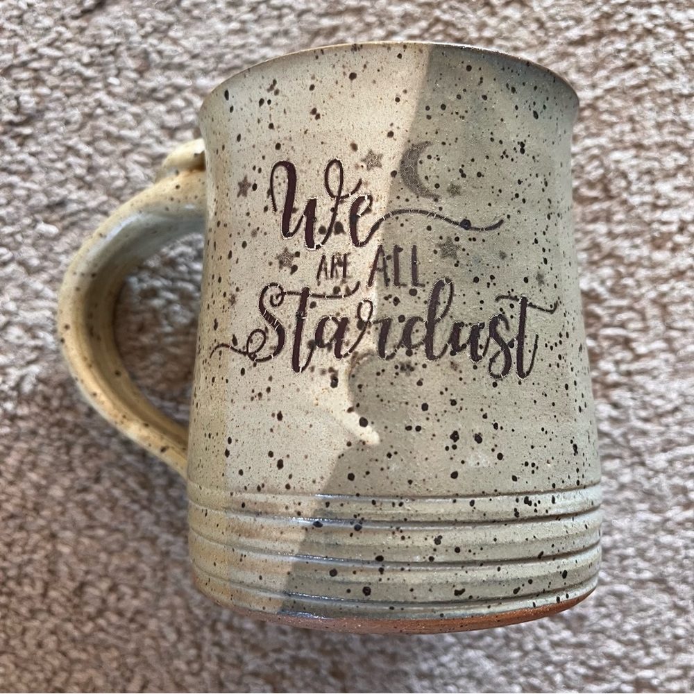 “We Are All Stardust” Handmade Art Pottery Mug Speckled Large Handle Stamped NC